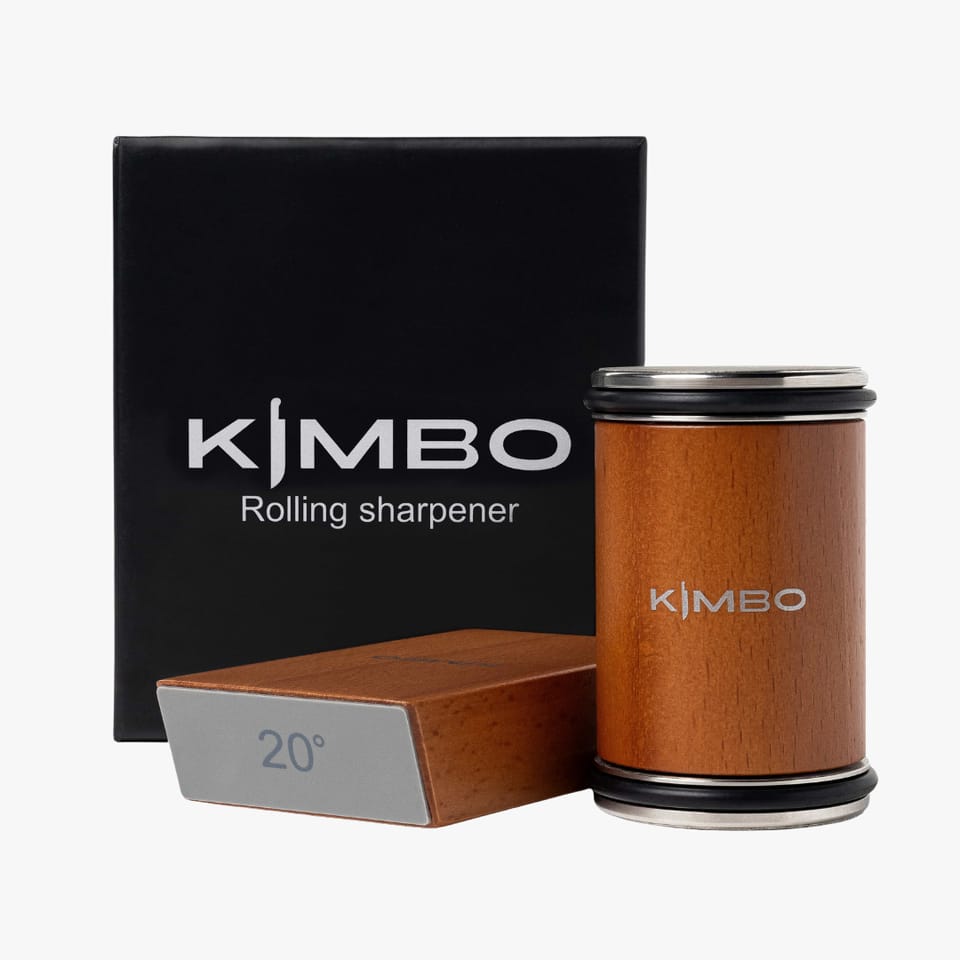 Kimbo Rolling Sharpener with its magnetic 20° angle guide beside the Kimbo box