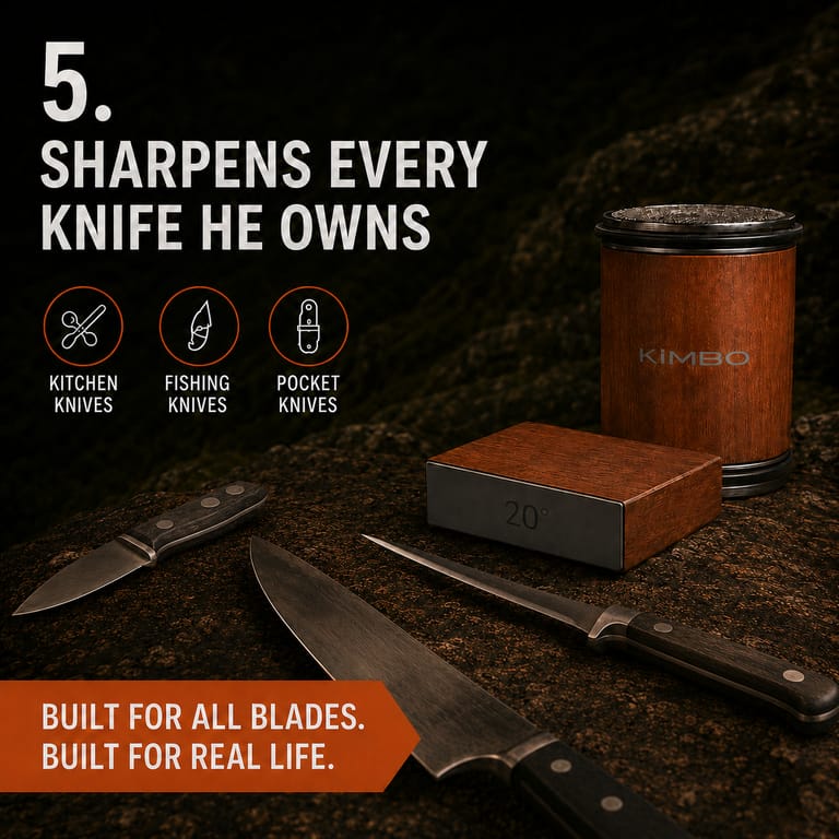 Whatever kind of dad he is, this covers it. It sharpens every straight-edge knife in the house — the chef's and paring knives, the fishing and fillet knives, the hunting knife, the everyday folder in his pocket.